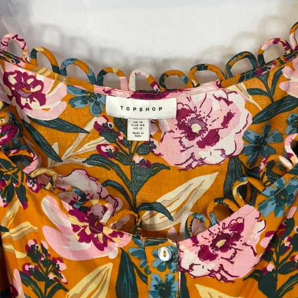 Topshop Orange Floral Three Quarter Inch Puffed Sleeve Mini Dress Size 12 - Picture 6 of 10
